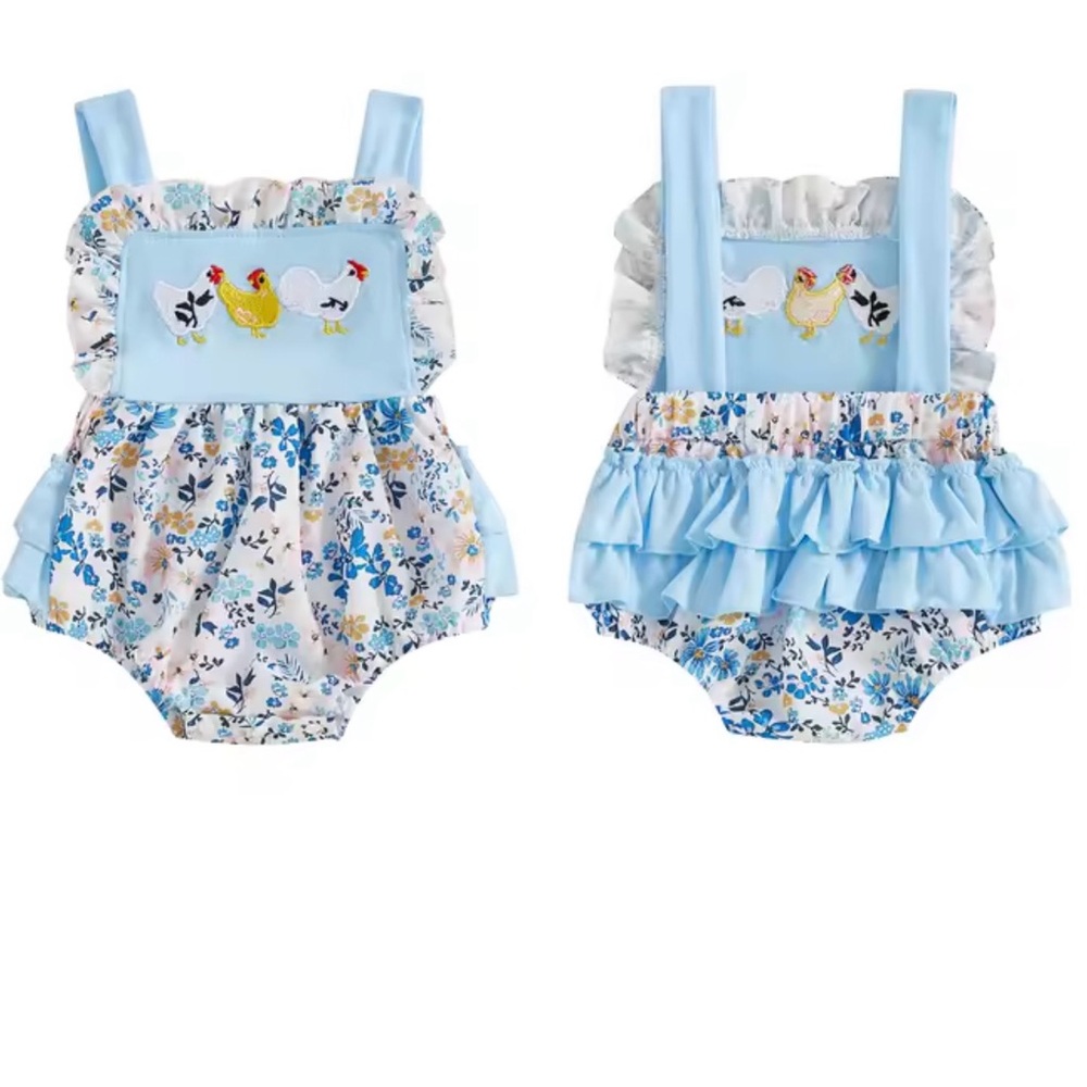 New Girl’s Blue Floral Baby Romper with Chicken Embroidery 6-12 months
